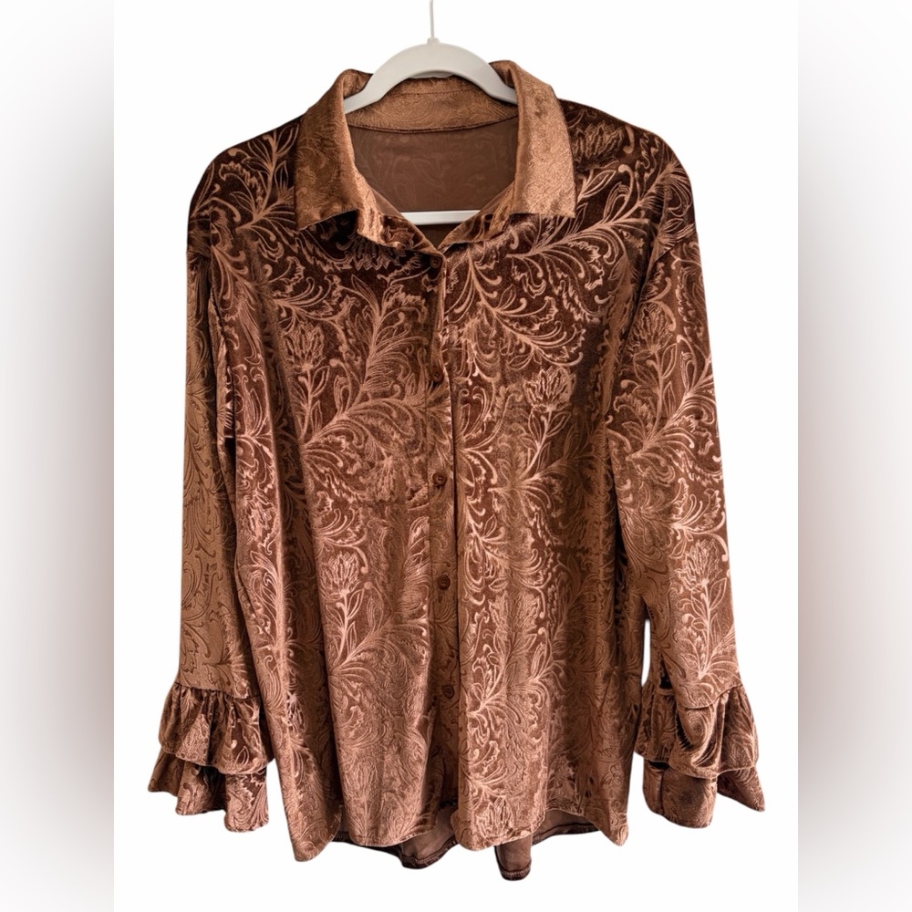 Brown Velvet Burnout British Colonial Floral Button-Up Top Large Castle Revival